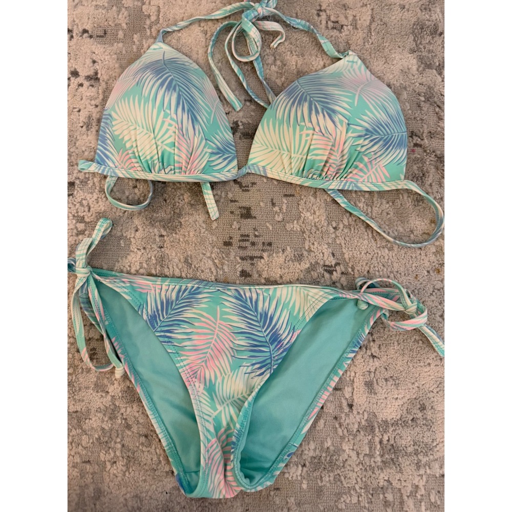 New Look Tropical Palm Leaf Print Triangle Bikini Set Turquoise Pink Blue L